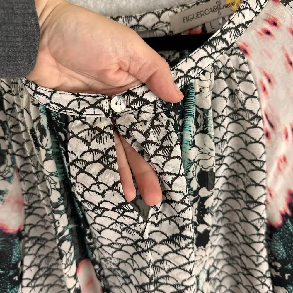 Figueroa & Flower Anthropologie Blouse Size L Mixed Print Sheer Artsy Boho Top - Picture 9 of 15